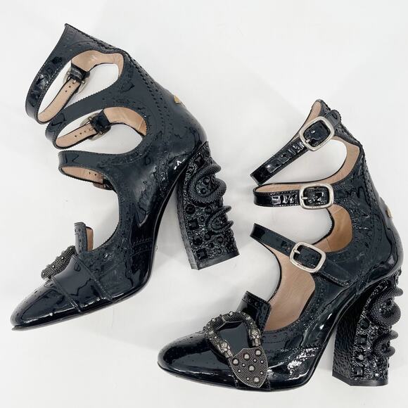 Gucci Black Patent Leather Queercore Dionysus Buckle Snake Heel Pumps EU 38 - Picture 5 of 15